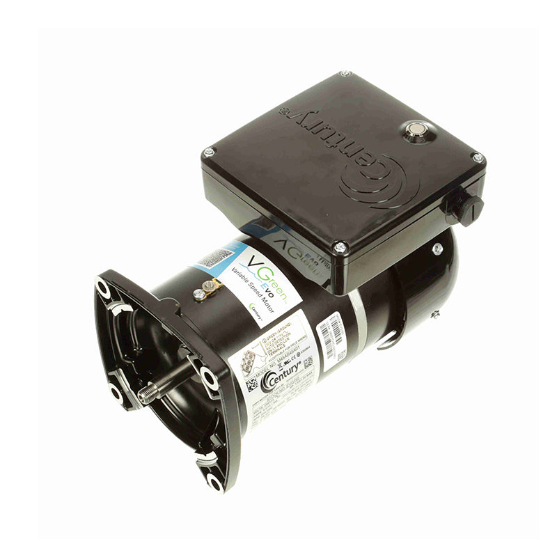 Century VGreen EVO EVQ165 1.65 THP Variable Speed Pool Pump Motor - Angled view showing the 48Y square flange, VGreen EVO side label, and top control compartment