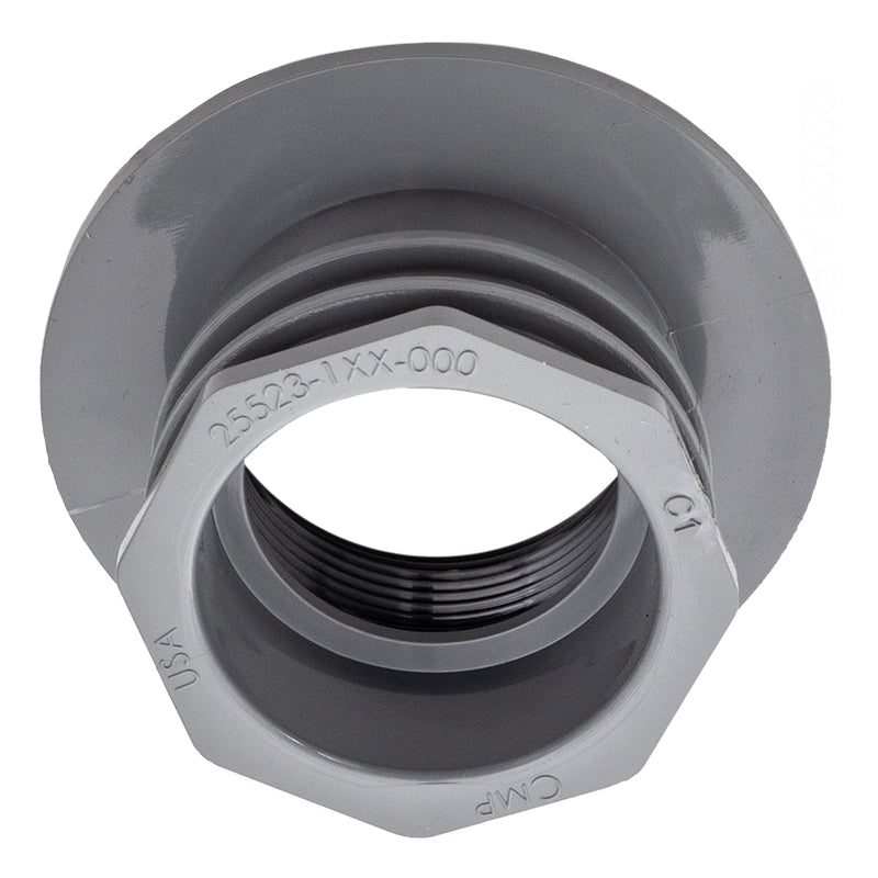 CMP 25523-101-000 gunite return fitting rear view with molded CMP part number on the nut.
