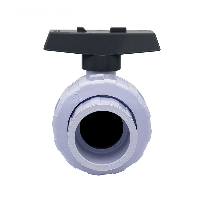 Straight-on end view of the CMP 2" Socket Single-Union PVC Ball Valve showing the internal ball in the closed position