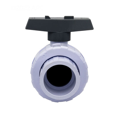 Straight-on end view of the CMP 2" Socket Single-Union PVC Ball Valve showing the internal ball in the closed position