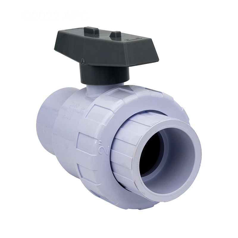 Angled view of the white and gray CMP 2" Socket Single-Union PVC Ball Valve (25802-210-000)