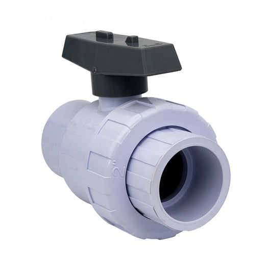 Angled view of the white and gray CMP 2" Socket Single-Union PVC Ball Valve (25802-210-000)