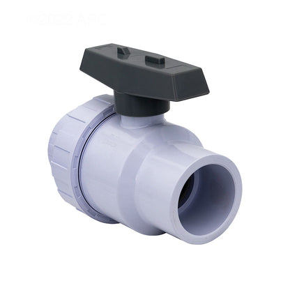 Rear view of the white CMP 2" Socket Single-Union PVC Ball Valve showing the reverse connection side