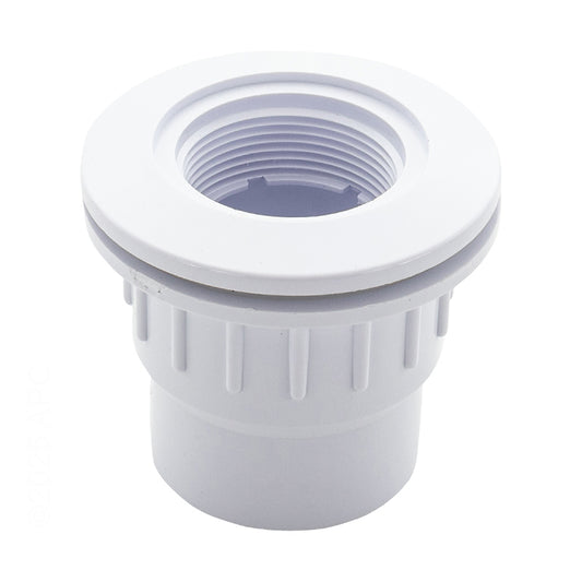 CMP 25523-500-100 white fiberglass wall return fitting with nut and gasket, front view.