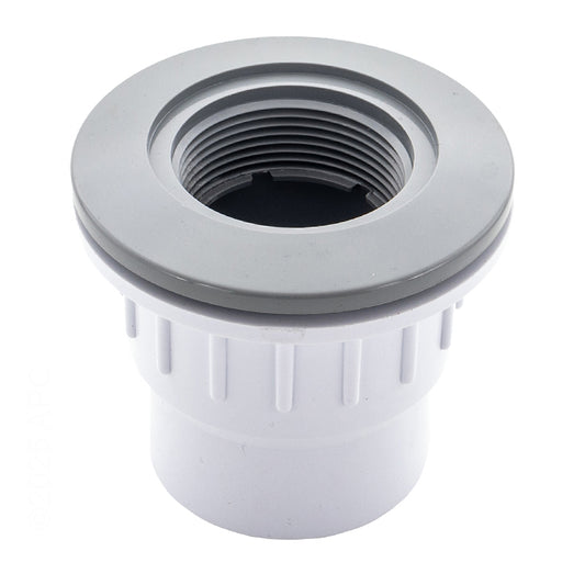 CMP 25523-501-100 gray fiberglass wall return fitting with nut and gasket, front view.
