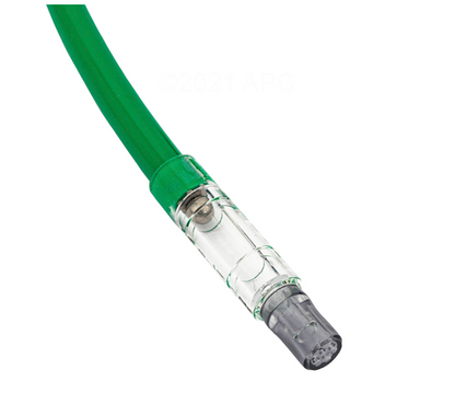 Close-up of the DEL Ozone 9-0150E Flow Meter showing the clear acrylic tube and the grey hose barb adapter connection