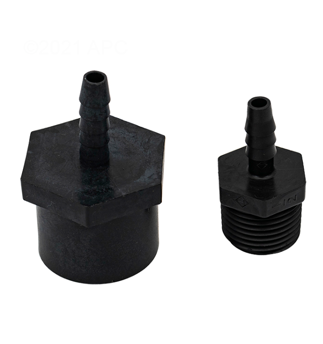 Two black nylon 1/4 inch hose barb to male thread adapters for the DEL 9-0150E Ozone Renewal Kit