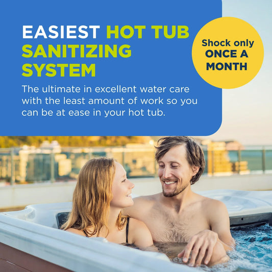A happy couple relaxing in a hot tub with text highlighting the FROG @ease benefit of only needing to shock the water once per month.