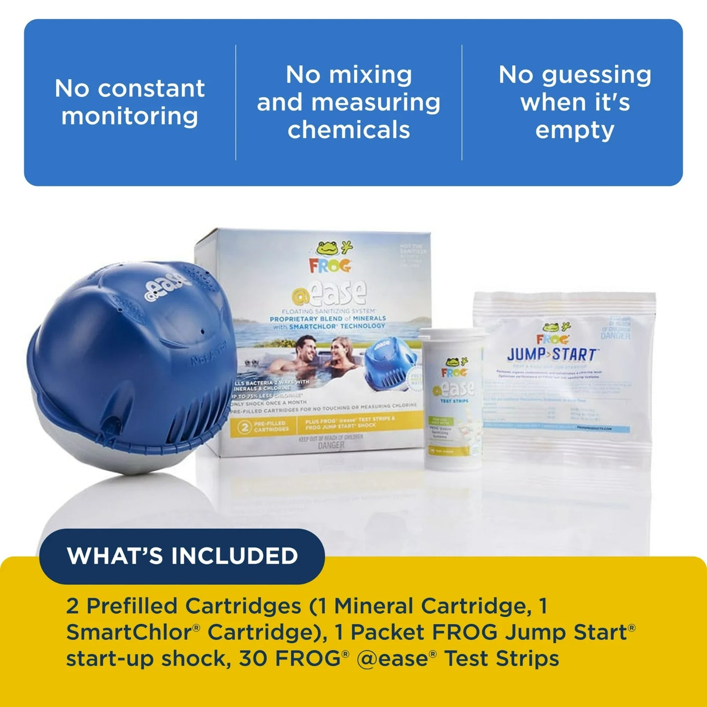 FROG @ease Floating Sanitizing Starter Kit contents. Buy 2 and save 10 percent today at Al's Cool Pool Store.