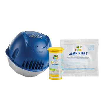 Complete FROG @ease Floating Sanitizing System Starter Kit for hot tubs including mineral and SmartChlor cartridges, Jump Start shock, and test strips.