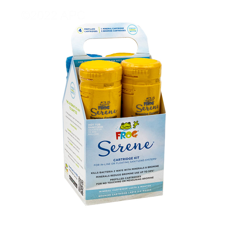 Front view of FROG Serene 01-14-3856 Cartridge Kit packaging showing 4-month spa care details.