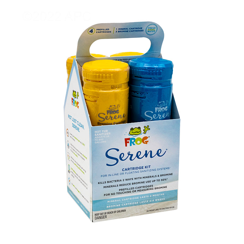 FROG Serene Cartridge Kit 01-14-3856 containing 1 blue mineral and 3 yellow bromine cartridges for hot tubs.