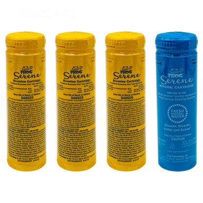 A lineup of 3 yellow bromine cartridges and 1 blue mineral cartridge included in the FROG Serene 01-14-3856 kit.