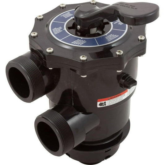 Side angle view of the Genuine Pentair 263085 Multiport Valve highlighting the 2-inch threaded ports and the 6-inch neck for Tagelus sand filters.