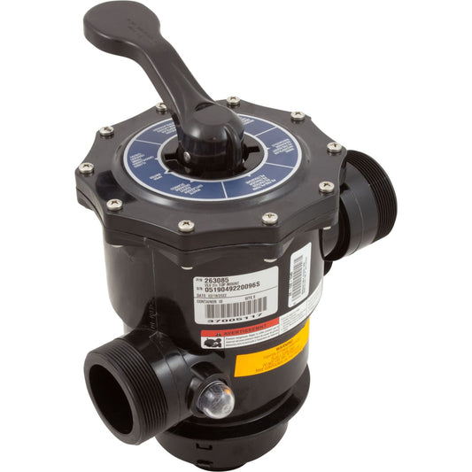 Side view of the Genuine Pentair 263085 Multiport Valve showing the 2-inch threaded plumbing ports and the manufacturer identification label.