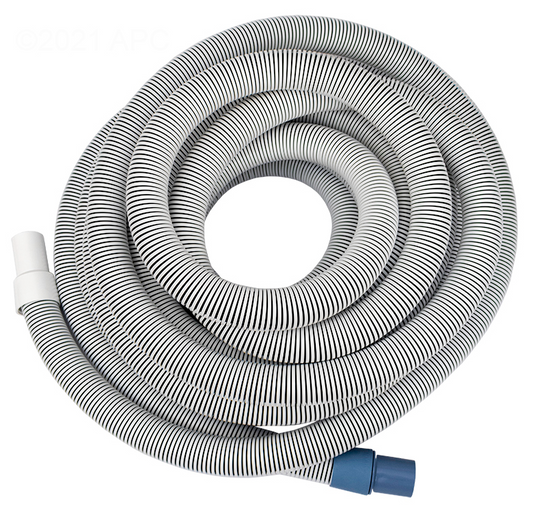 Coiled view of the Haviflex SK1550 I-Helix 1.5 inch x 50 foot pool vacuum hose featuring a white spiral body and blue swivel cuff.