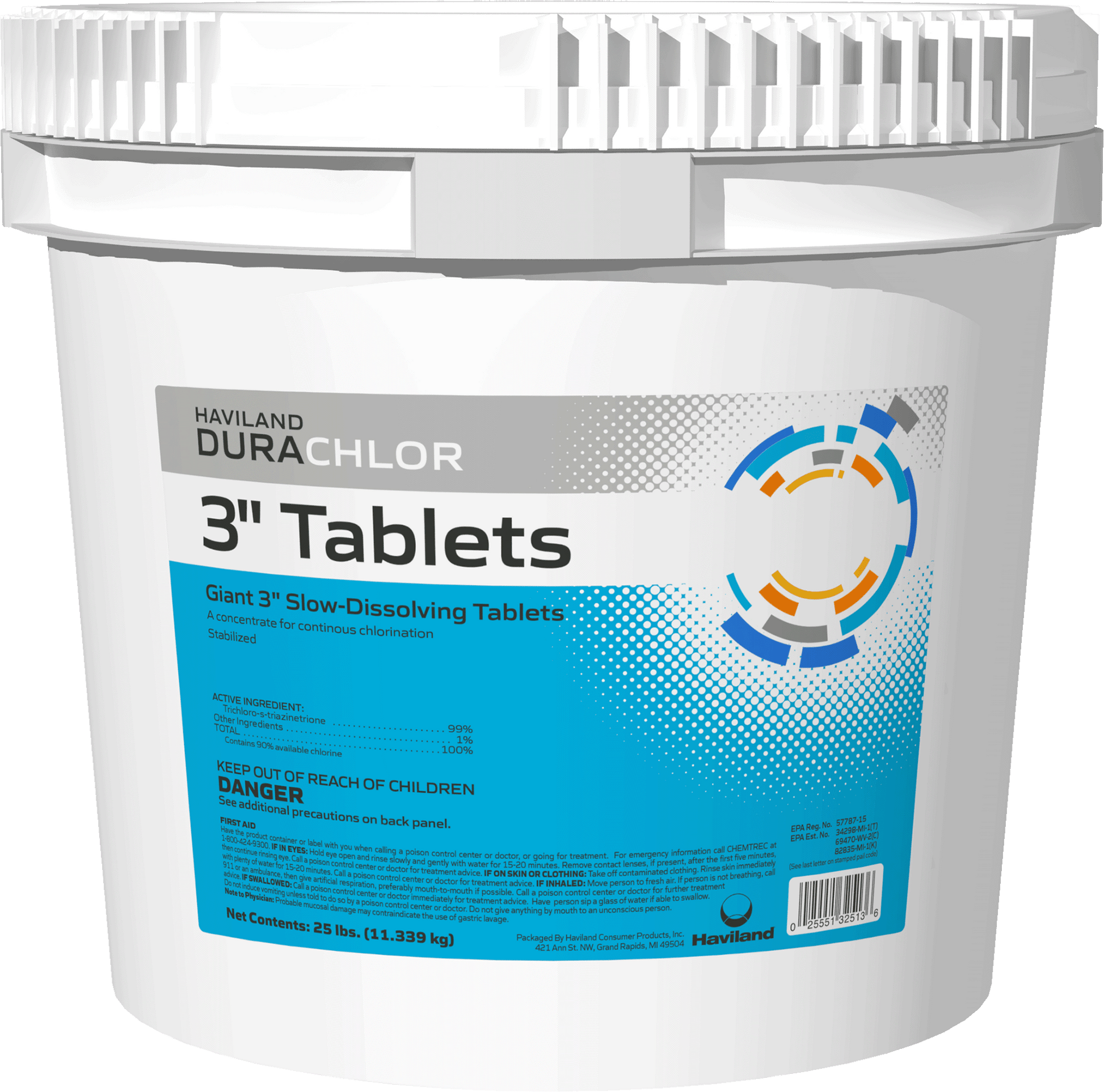Haviland DuraChlor 3 Inch Wrapped Chlorine Tablets 25 lb Pail C008025-BX25L Trichlor Pool Sanitizer
