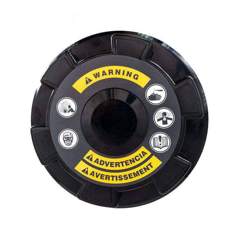 Top view of the Hayward CL200EF In-Line Automatic Pool Chlorinator easy-lok threaded cover and safety warning label