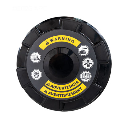 Top view of the Hayward CL200EF In-Line Automatic Pool Chlorinator easy-lok threaded cover and safety warning label