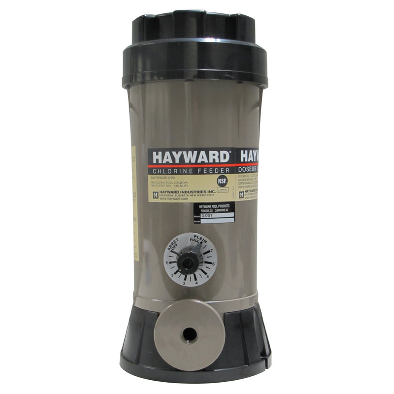 Front view of the Hayward CL220EF Off-Line Automatic Pool Chlorinator showing the control dial and safety label