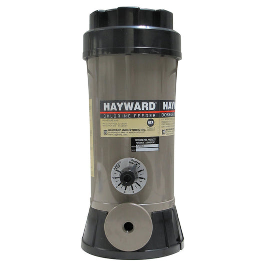Front view of the Hayward CL220EF Off-Line Automatic Pool Chlorinator showing the control dial and safety label