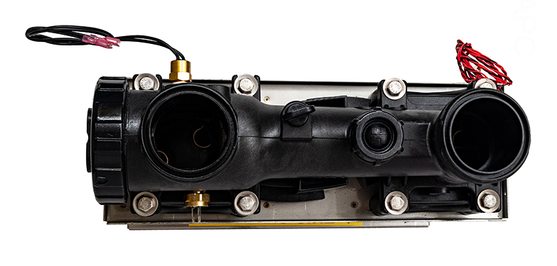 Front view of the Hayward FDXLHXA1150 heater header manifold showing the water inlet/outlet ports, internal bypass valve, and mounting assembly.