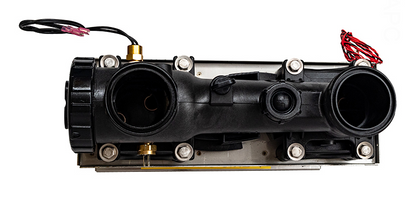Front view of the Hayward FDXLHXA1150 heater header manifold showing the water inlet/outlet ports, internal bypass valve, and mounting assembly.