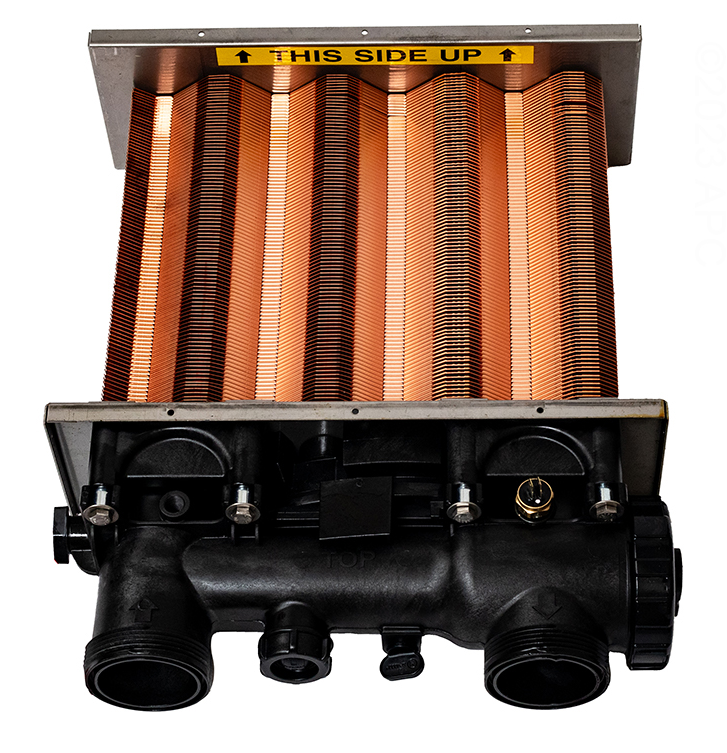 Top view of the Hayward FDXLHXA1150 heat exchanger showing the high-efficiency copper fin coils and internal heater assembly housing.