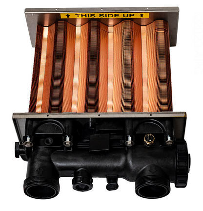 Top view of the Hayward FDXLHXA1150 heat exchanger showing the high-efficiency copper fin coils and internal heater assembly housing.