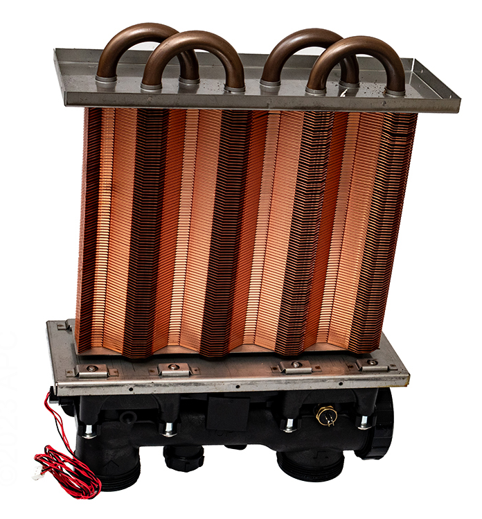 Isometric top-down view of the Hayward FDXLHXA1150 heat exchanger showing the copper fin bundle, bypass header ports, and temperature sensor wiring.