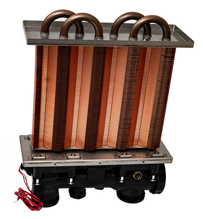 Isometric top-down view of the Hayward FDXLHXA1150 heat exchanger showing the copper fin bundle, bypass header ports, and temperature sensor wiring.