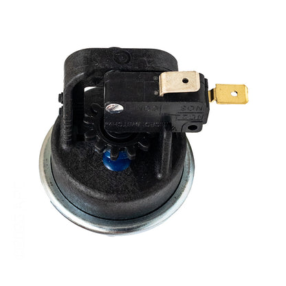 Top view of the pre-installed Hayward water pressure switch, showing the electrical leads and spade terminals included with the FDXLHXA1250 heat exchanger.