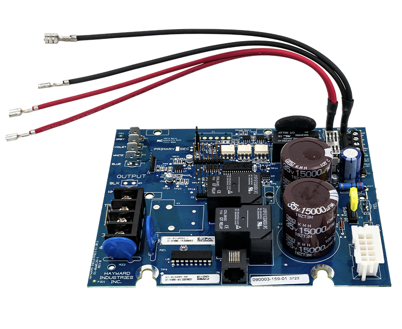 Side view of the Hayward GLXPCBRITE Aqua Rite main circuit board showing component depth and terminal pins.