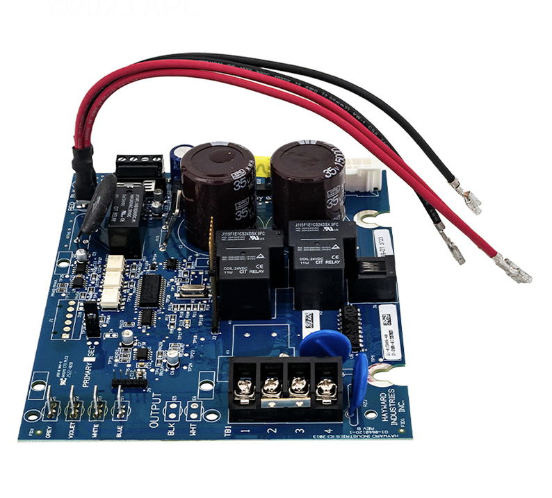 Detailed view of the Hayward GLXPCBRITE circuit board showing the high-voltage capacitors and screw terminal connections for power input.