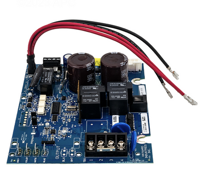 Detailed view of the Hayward GLXPCBRITE circuit board showing the high-voltage capacitors and screw terminal connections for power input.