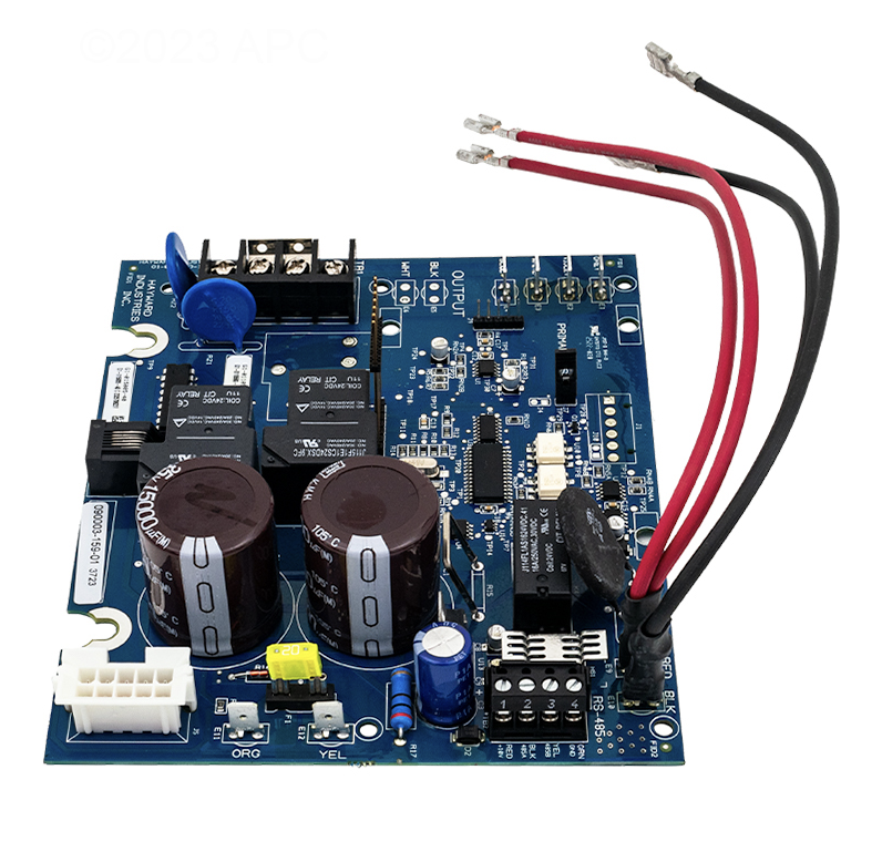 Detailed view of the Hayward GLXPCBRITE circuit board showing the logic chips, display connector, and the red and black power harness.