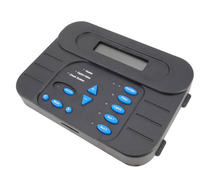 Angled view of the Hayward GLXPLLOCP4 display showing the blue navigation buttons and the diagnostic LCD screen.