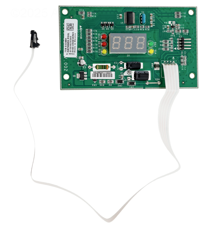 Front view of the Hayward HDXFUIBRD001 PCB showing the 3-digit LED display and the 14-pin ribbon cable connection for HDF series heaters.