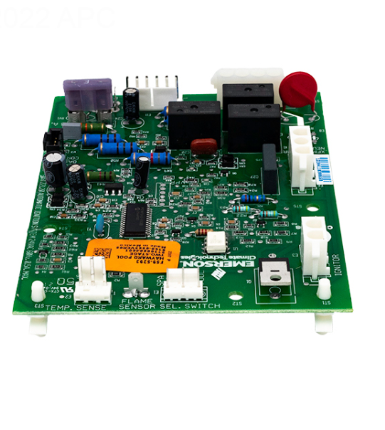 Close-up of Hayward HDXFICBRD001 Ignition Control Board showing Emerson Climate Technologies branding and manufacturer labels