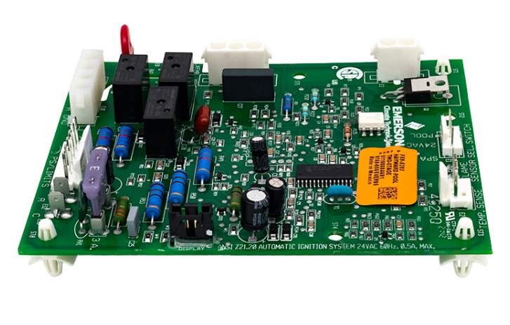 Side profile of Hayward HDXFICBRD001 Ignition Control Board showing capacitor and component height
