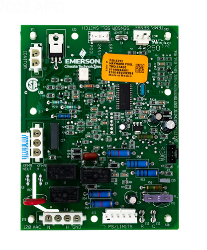 Vertical top-down view of Hayward HDXFICBRD001 Ignition Control Board showing fuse locations and terminal block layout