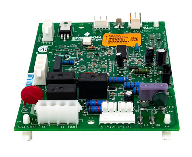 Angled view of Hayward HDXFICBRD001 Control Board showing 120 VAC and PS/LIMITS wiring connections