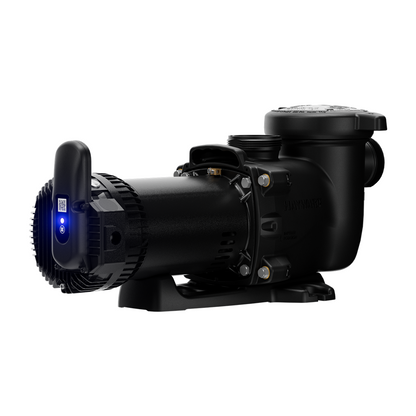 Side profile of Hayward MaxFlo VS 415 variable speed pump showing the compact motor housing and 1.5-inch by 2-inch union connections.