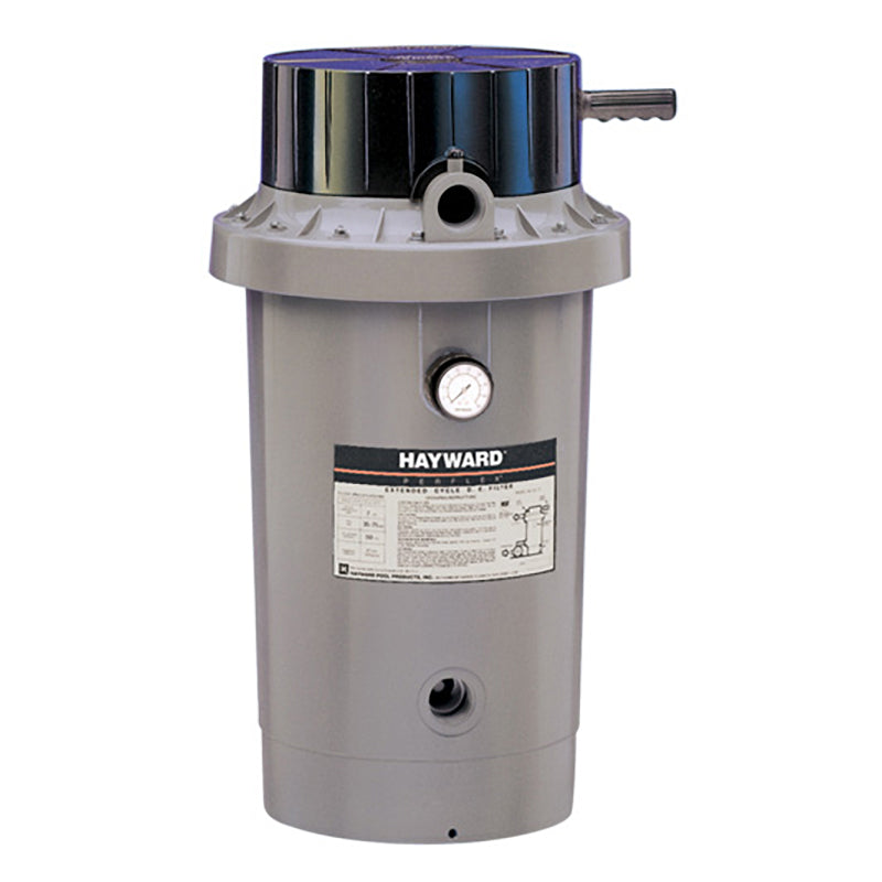 Front view of a gray Hayward Perflex W3EC65A 40 sq ft Extended-Cycle DE Pool Filter featuring a black lid and top bump handle on a white background.