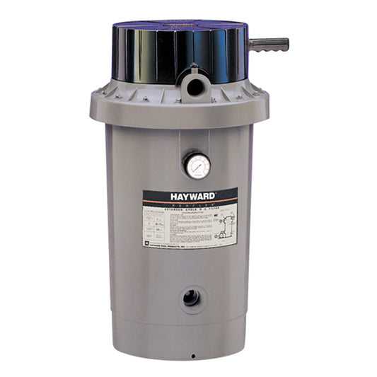 Front view of a gray Hayward Perflex W3EC65A 40 sq ft Extended-Cycle DE Pool Filter featuring a black lid and top bump handle on a white background.