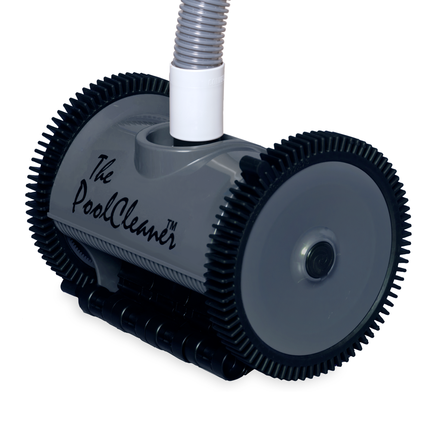 Side-angle view of the Limited Edition Black Hayward PoolCleaner (W3PVS20GST) highlighting the patented tire treads and turbine design.