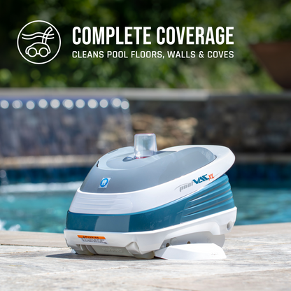 Hayward PoolVac XL (W32025ADC) marketing graphic highlighting complete coverage of pool floors, walls, and coves.