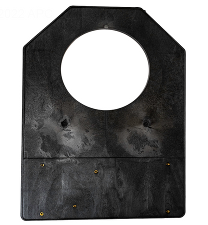Top-down view of the Hayward S160TPAK3 black plastic mounting base, showing the circular cutout for the filter tank and pre-drilled pump mounting holes.