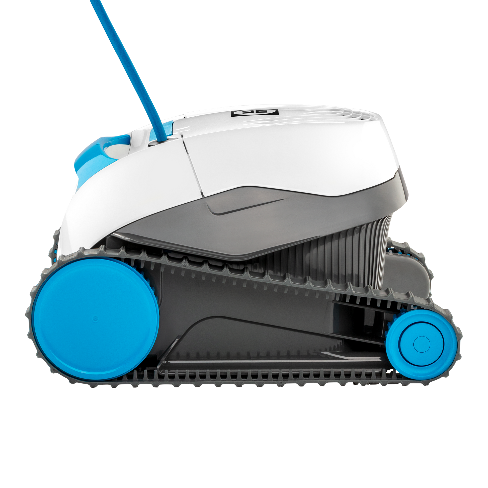 Side-profile view of the Hayward R110 (W3RCH411CU) robotic cleaner highlighting the active scrubbing brushes and treads for wall climbing.