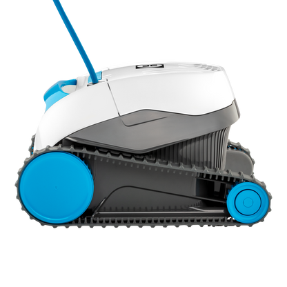 Side-profile view of the Hayward R110 (W3RCH411CU) robotic cleaner highlighting the active scrubbing brushes and treads for wall climbing.